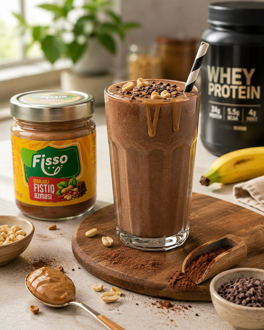 Kakaolu Fıstıq Əzməli Proteinli Smoothie — Fisso əzməsi ilə resept şəkli